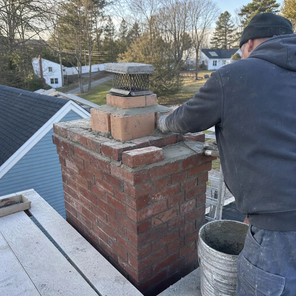 Professional mason performing chimney brick repair on a residential roof