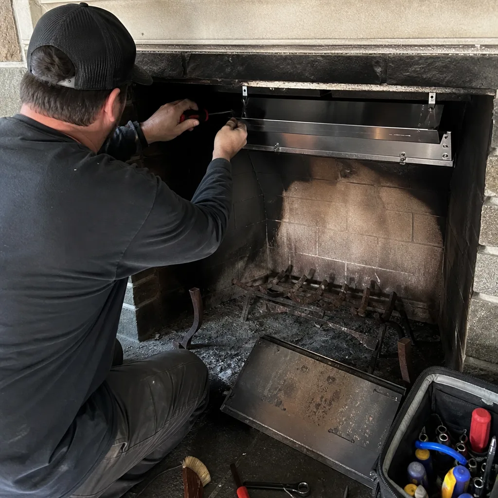 Professional technician installing a fireplace damper inside a brick hearth