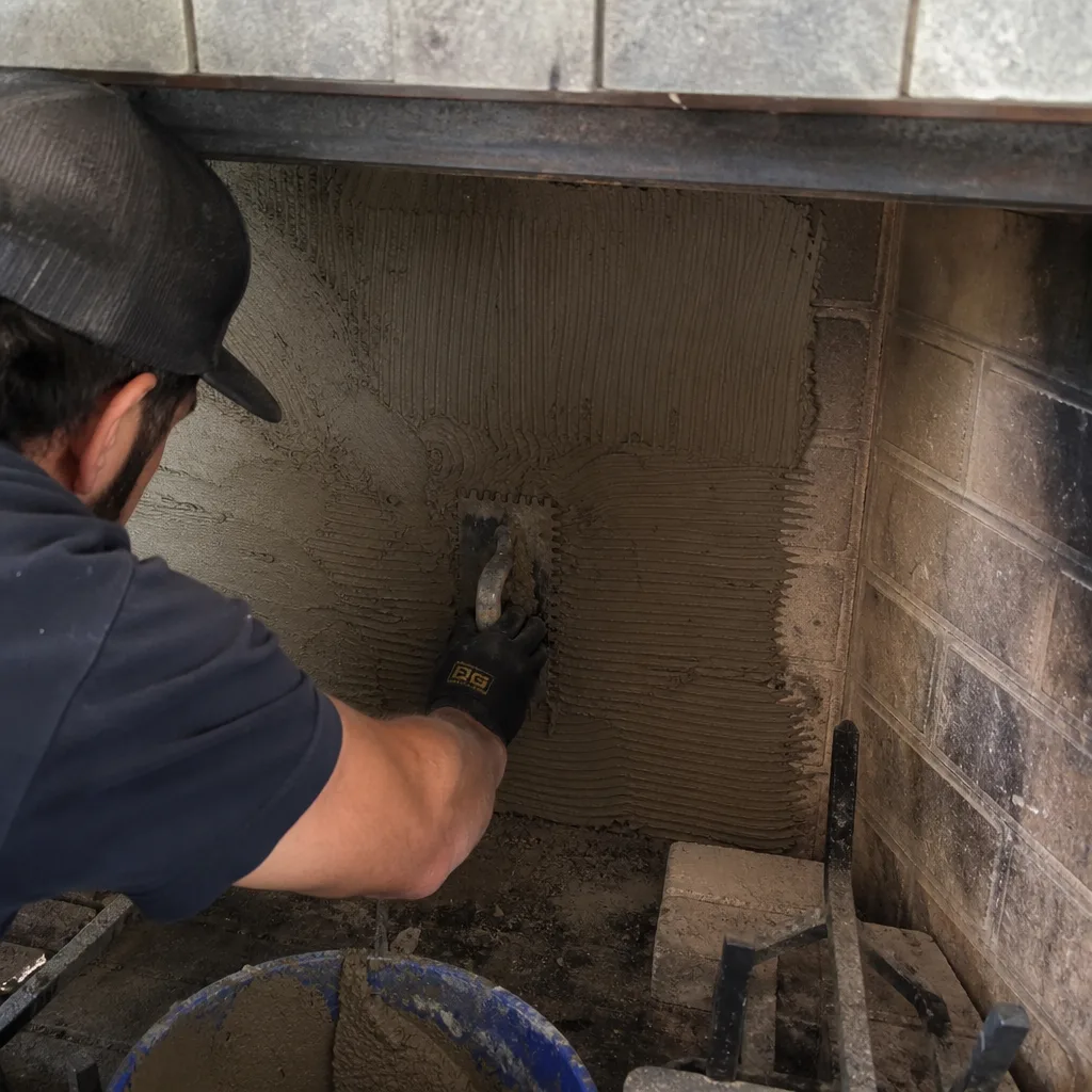 Tradesman applying mortar to fireplace wall for tile installation
