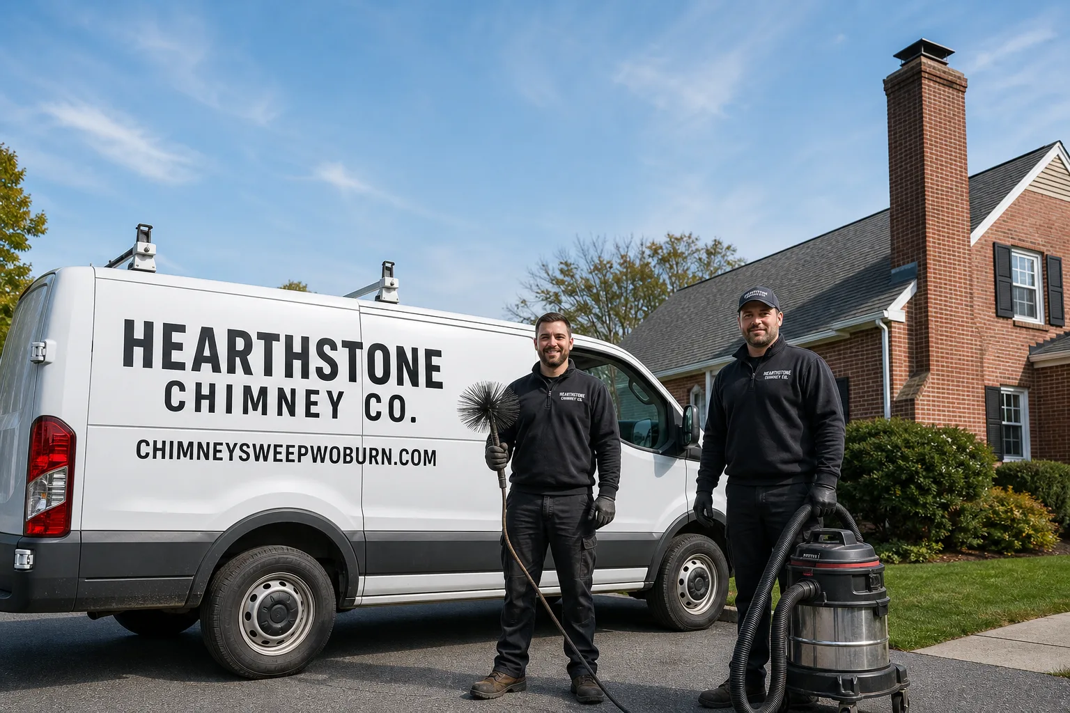 Hearthstone Chimney Co. chimney cleaning service vehicle and crew in Woburn, MA